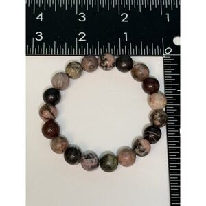 Natural Rhodonite Stone Beaded Bracelet Handmade Pink Black Gemstone Stretch